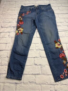 Artisan Denim Straight-Leg Jeans with Multicolor Floral Embroidery. Size 12.